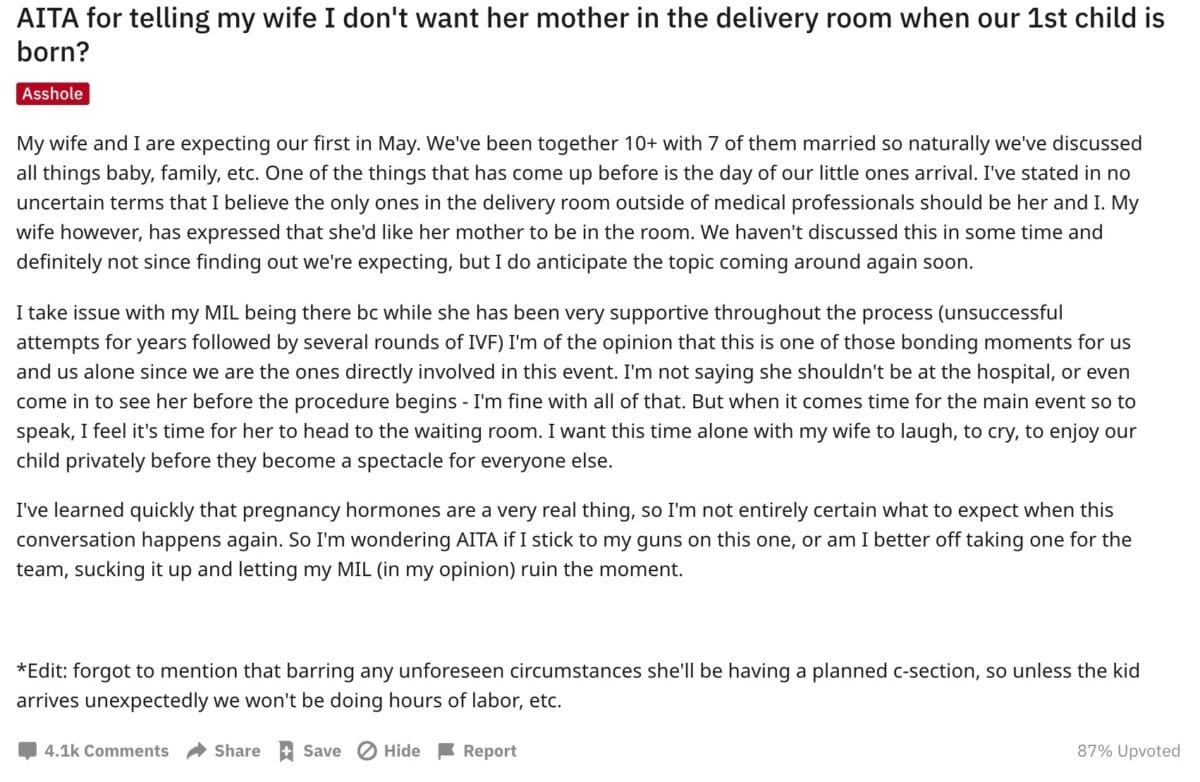 Reddit AITA: Is This Dad Wrong for Telling His Pregnant Wife That He Doesn't Want His Mother-in-Law in the Delivery Room with Them?