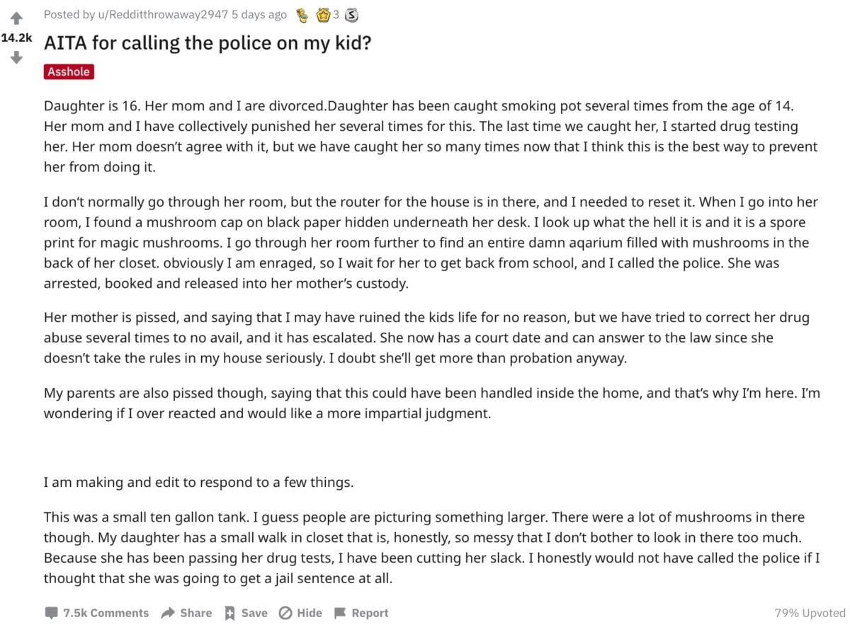 reddit: aita: was this dad wrong for calling the police on his own daughter after he found drugs in her room?