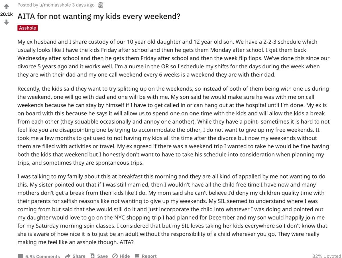 this mom doesn't want her kids every weekend: does that make her a bad parent? / aita
