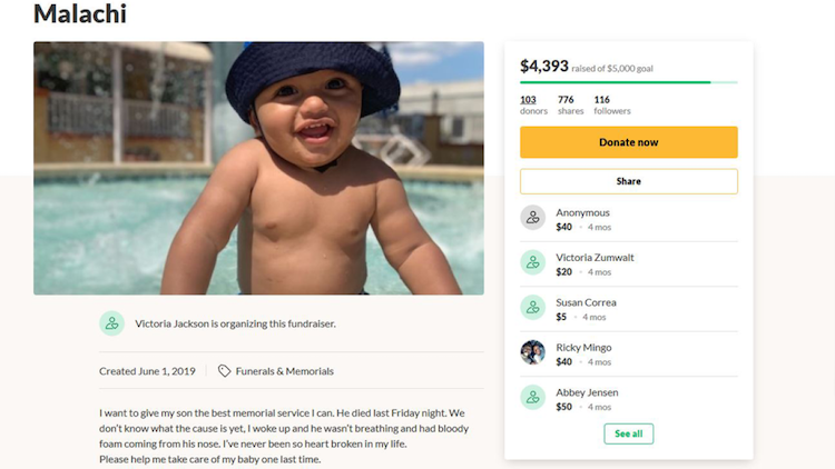 florida mom who created gofundme for her 10-month-old son's funeral now accused of murdering baby | florida police say victoria jackson, 24, killed her young son, malachi, by smothering him to death on may 24.