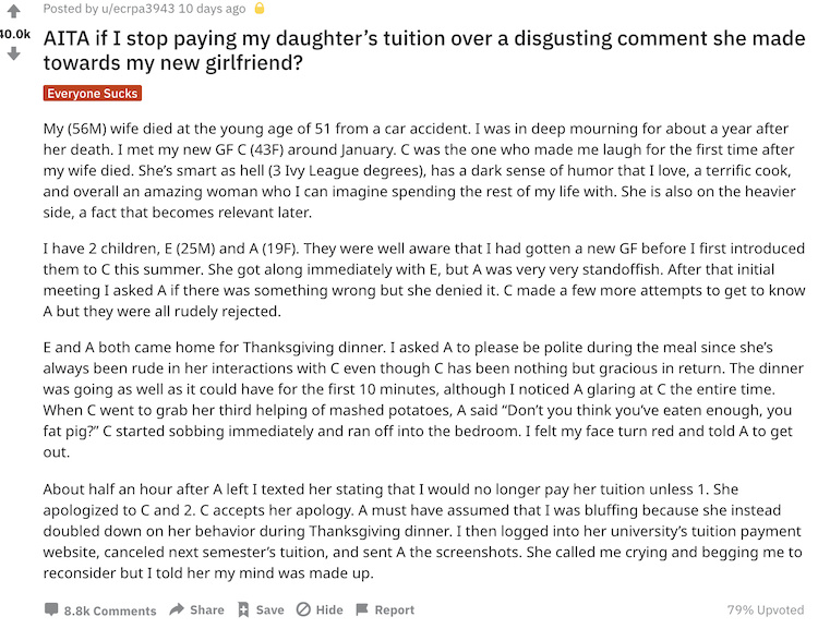 this dad threatened to stop paying his daughter's tuition after she was rude to his girlfriend, and now he wants to know if that was wrong