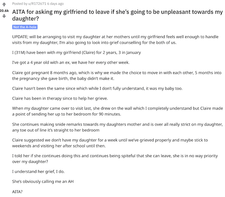 this dad needs advice after he told his girlfriend, who he says acts 'spiteful' towards his daughter, that he'd choose his daughter over her if it came to that