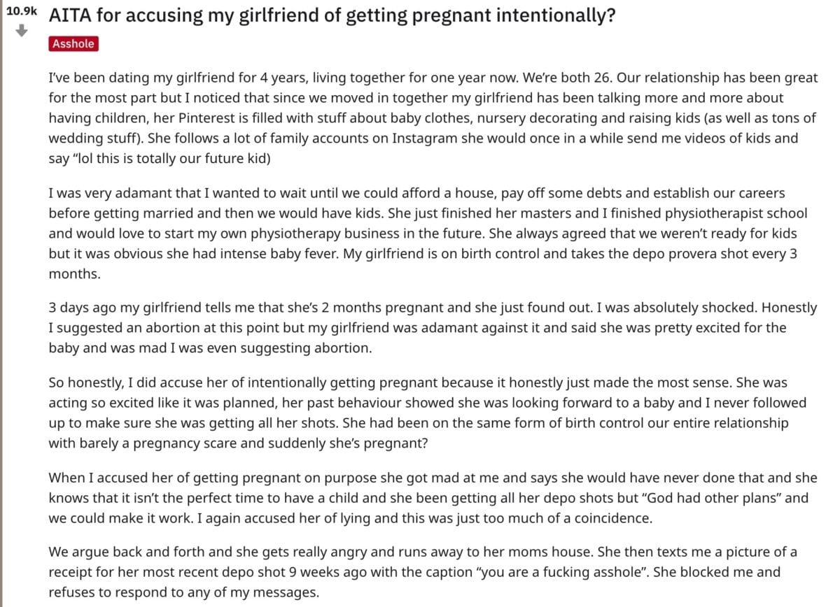 this guy accused his girlfriend of getting pregnant on purpose, then suggested she get an abortion, and you can probably guess how that went over