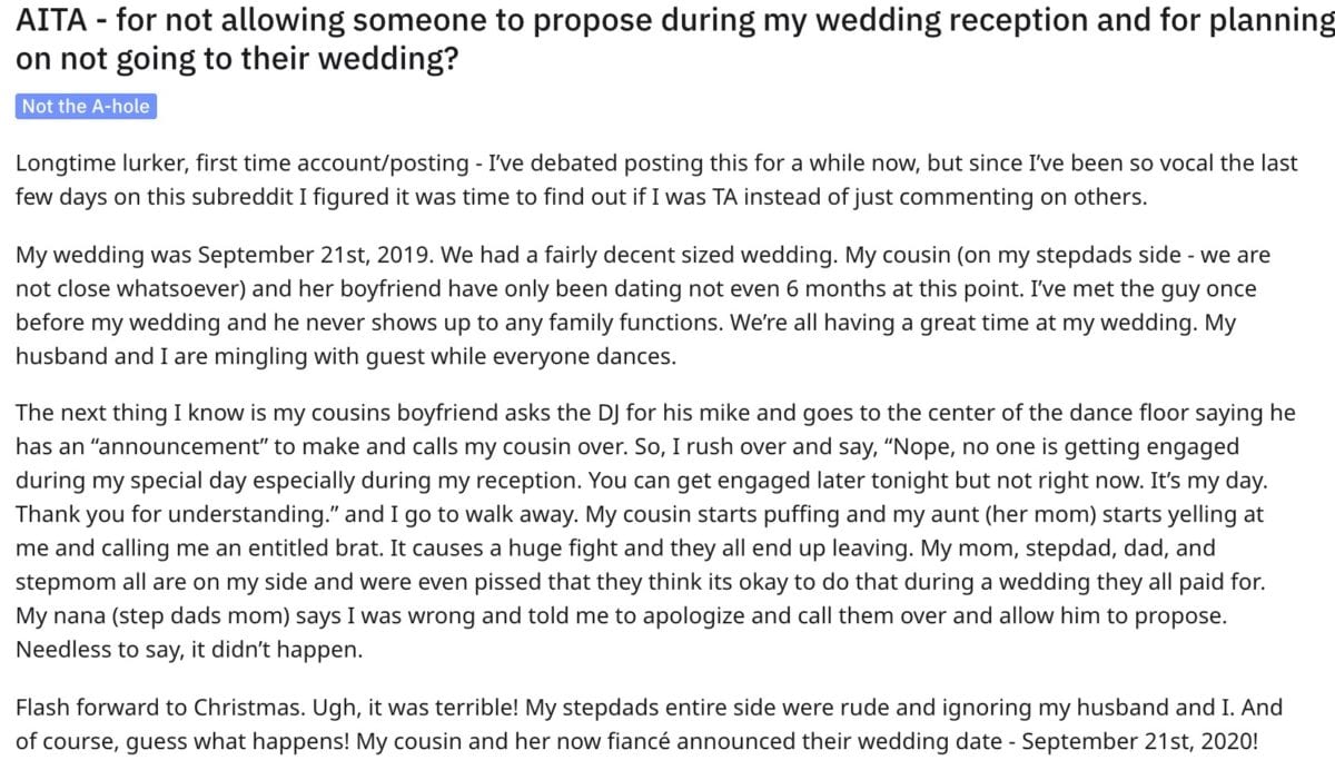 Was I Wrong to Stop My Relative from Getting Engaged During My Own Wedding Reception?