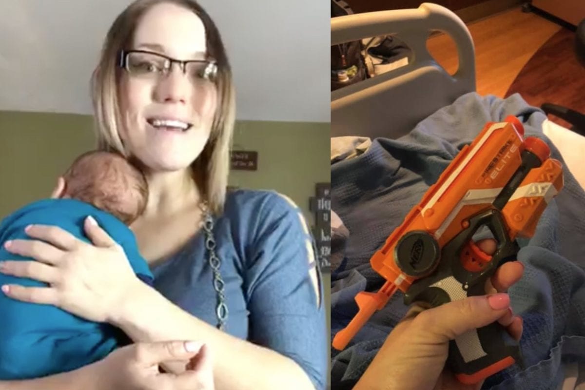 mom brings nerf gun into delivery room to keep husband awake