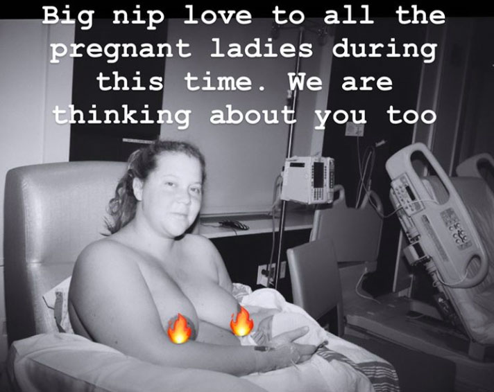 Amy Schumer Uses Never-Before-Seen Photo to Sends 'Big Nip Love' to Pregnant Women During This Stressful and Difficult Time | "Big nip love to all the pregnancy ladies during this time. We are thinking about you too."