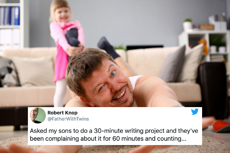 25 funny parenting tweets by @fatherwithtwins: 'try not to be too upset when your kids do the bare minimum and expect kudos'