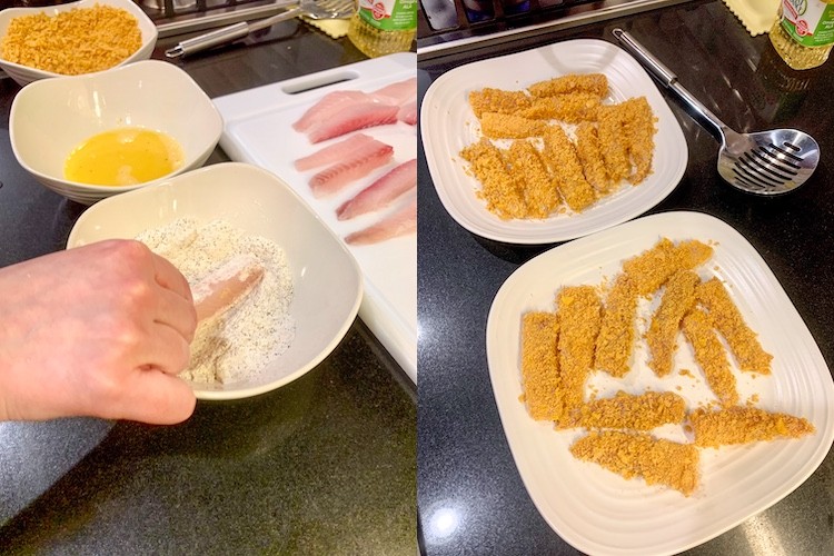 jennifer garner's crispy fish sticks recipe batter station and fish sticks that are completed coated and ready to fry