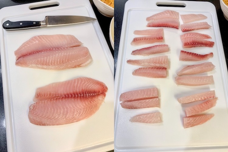 jennifer garner's crispy fish sticks recipe prep steps: fish fillets and fish cut into sticks