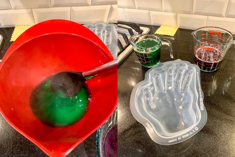 Giant gummy recipe for Halloween that will thrill the kids mixing jello in bowls with hot water and pouring into a giant mold of a hand