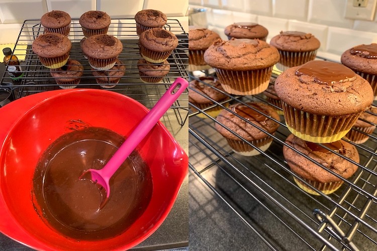 S’more cupcake recipe chocolate ganache in mixing bowl and filled cupcakes sitting on cooling racks