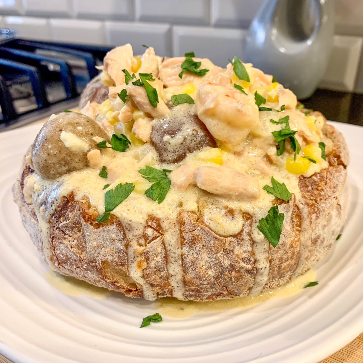 30 Minute Seafood Chowder Bread Bowls from Ayesha Curry