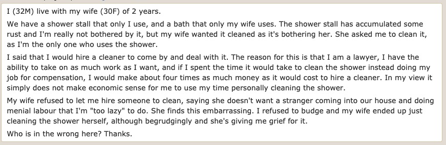 Husband Asks If He's In the Wrong for Refusing to Clean Because He's a Lawyer