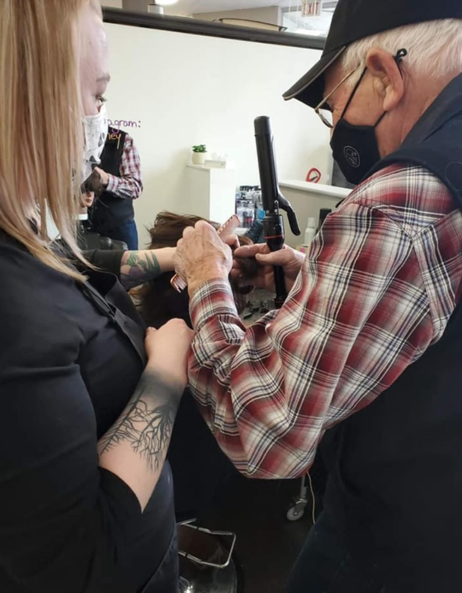 husband takes beauty classes to help style his elderly wife