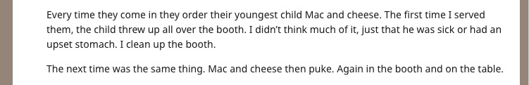 Waitress Refuses To Serve a Family Mac & Cheese Because Kid Vomits It Up Every Time