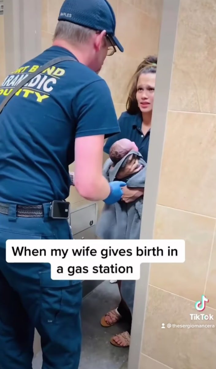 pregnant woman goes into labor before giving birth in a gas station bathroom