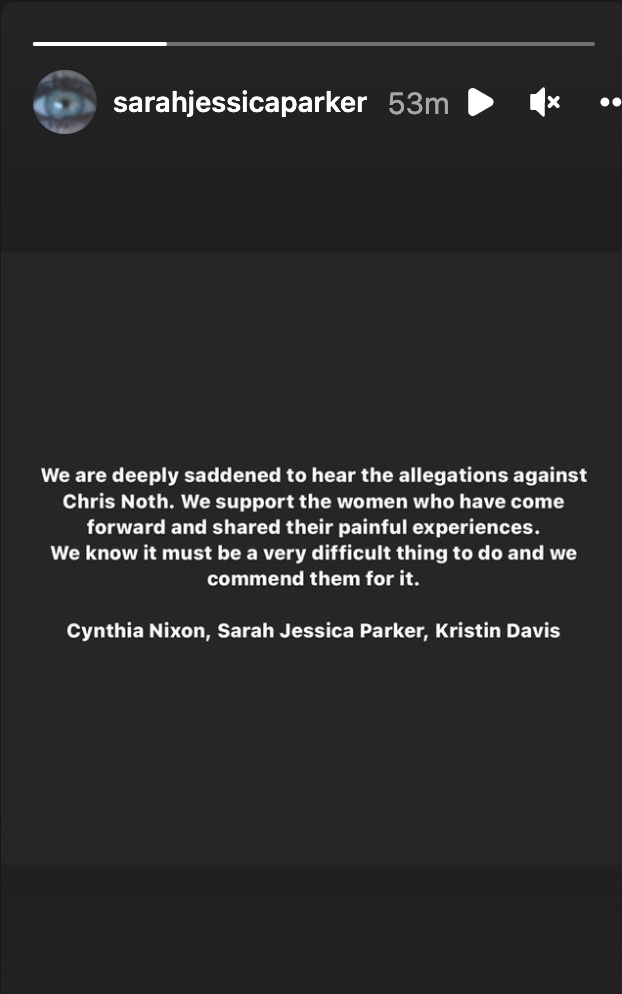 sarah jessica parker, cynthia nixon, kristen davis release joint statement after chris noth is accused of sexual assault