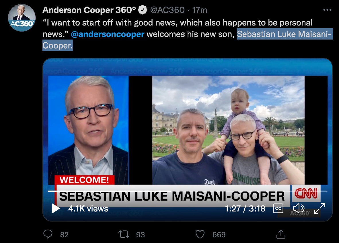 Anderson Cooper’s Baby Boy Is No Longer an Only Child | Just 20 hours ago, CNN anchor Anderson Cooper post a photo of himself and his son.