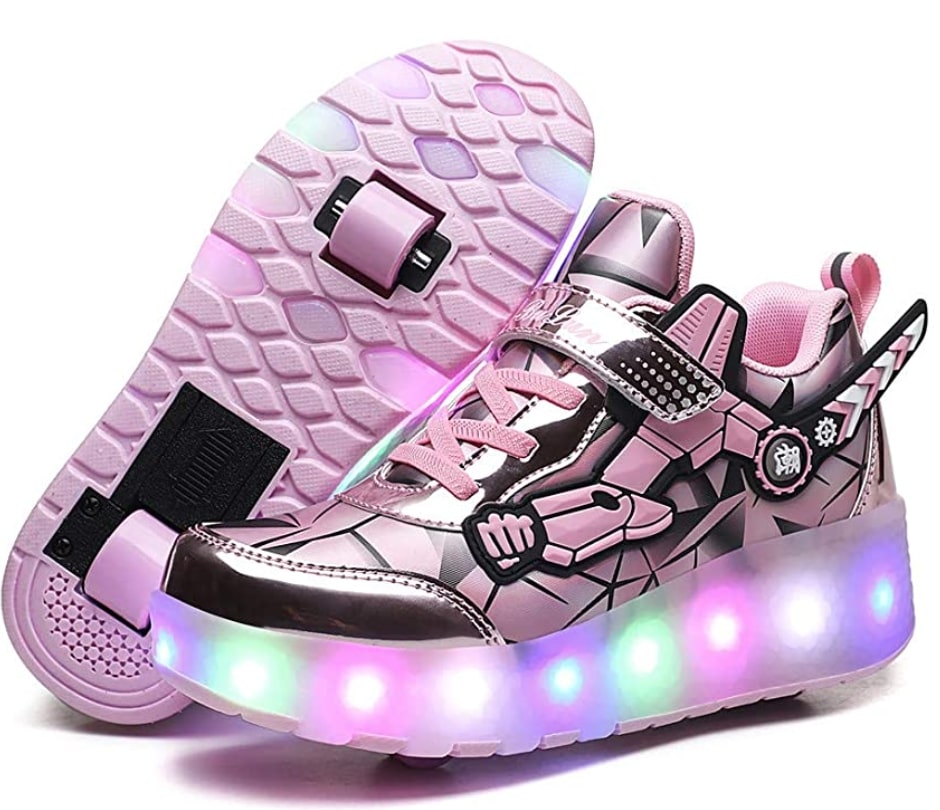 Qneic USB Rechargeable Roller Shoes Sneakers for Boys Girls Kids Gift LED Light Up Wheels Shoes Roller Skates 