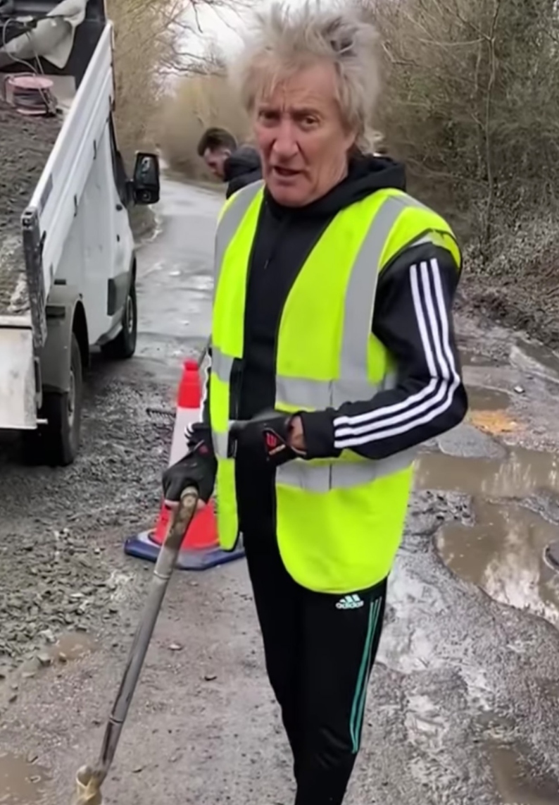 in an effort to protect his ferrari, rod stewart is fixing the potholes near his essex home.