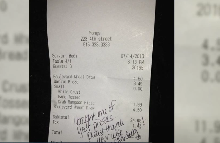 Waitress Shows Her Appreciation for Breastfeeding Mother, Surprises Her With Free Pizza