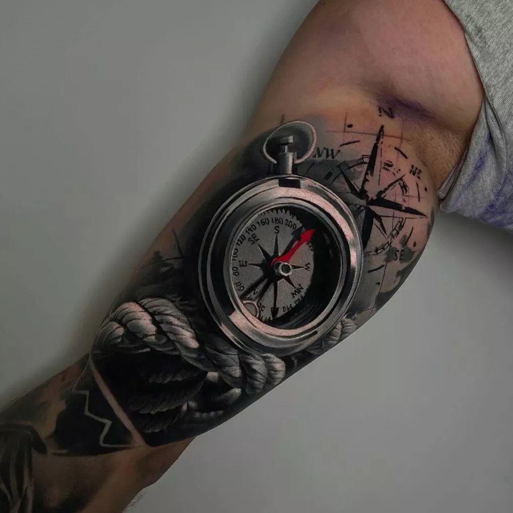 Grey And Black Realistic Compass Tattoo On Forearm