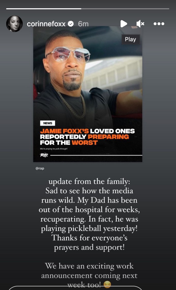 Jamie Foxx's Daughter Makes Another Statement as Rumor's About Her Father's Health Run Wild | Jamie Foxx took to his Instagram on May 3 to show his appreciation for all the love and support, sending his gratitude to all those who have wished him well.
