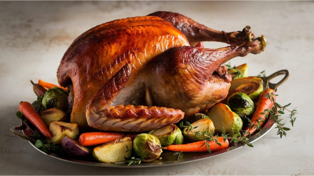 roasted turkey on plate of veggies